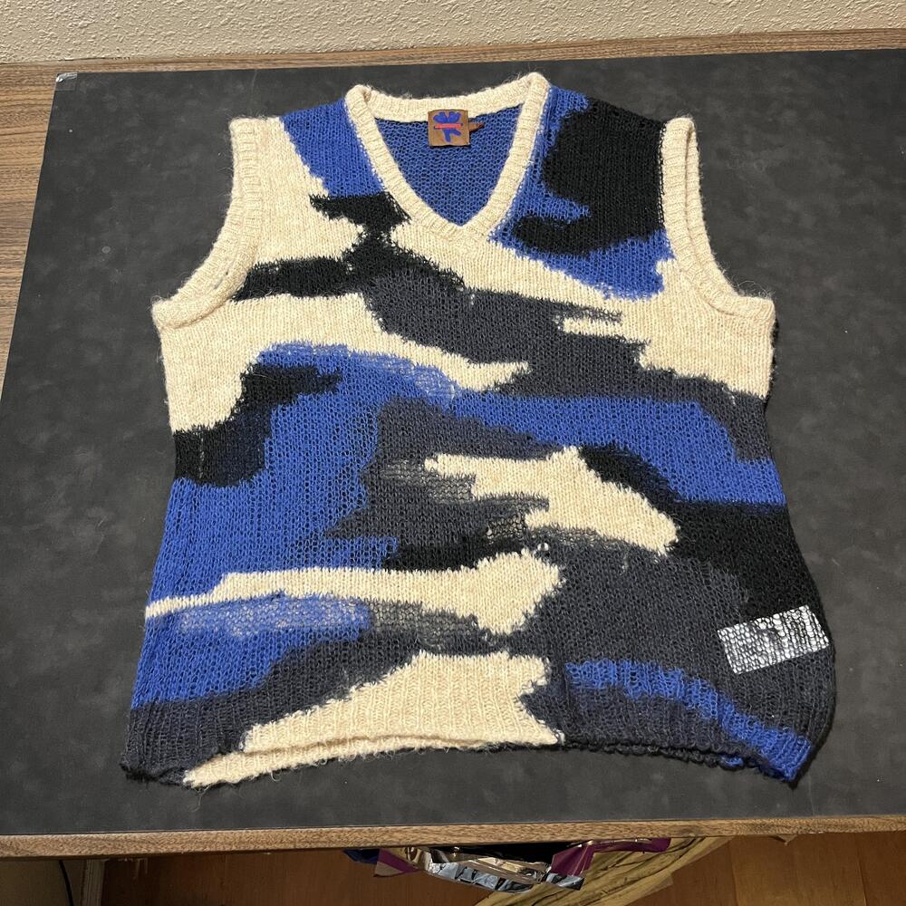 Heaven by Marc Jacobs Sweater Vest Womens 2XL Blue Camo V-Neck Mohair P6190SP22